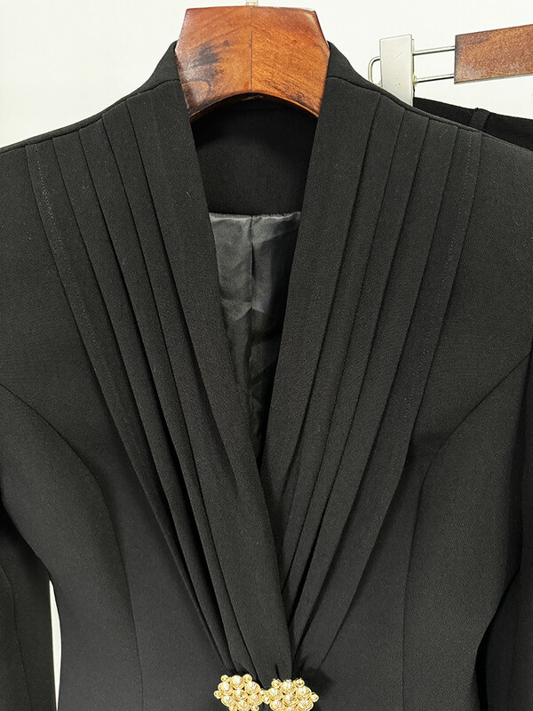 VC New 2024 Toamna Guler plisat Blazer Jachetă Costum cu decolteu în V Talie înaltă Pantaloni largi ocazional cu picioare largi Set negru din două piese