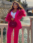 VC komplekti sievietēm, 2 dab. brīvs biroja apģērbs, karsti rozā spalva ar garām piedurknēm žakete + bikses, uzvalks sieviešu apģērbs