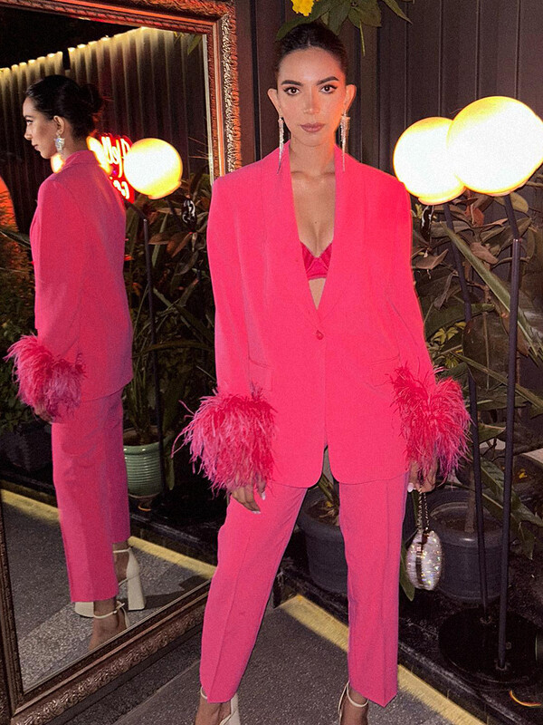 VC komplekti sievietēm, 2 dab. brīvs biroja apģērbs, karsti rozā spalva ar garām piedurknēm žakete + bikses, uzvalks sieviešu apģērbs