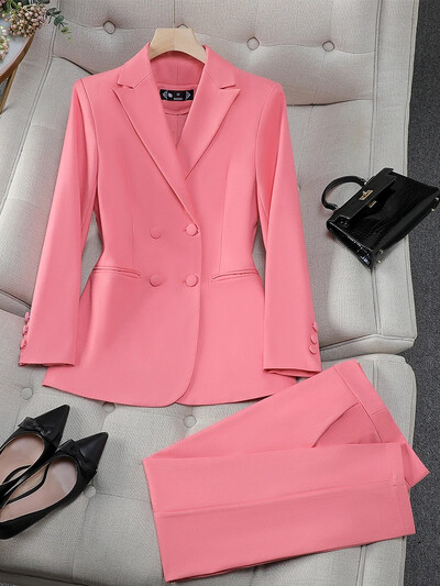 Set de costum formal pentru dama, birou, cu pantaloni, pentru femei, albastru, roz, galben, pentru femei, haine de lucru pentru afaceri, 2 piese, jachetă și pantaloni