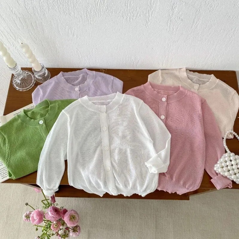 Καλοκαίρι 2024 Νέα βρεφική μακρυμάνικη βαμβακερή ζακέτα με λεπτή αναπνεύσιμη βρεφική κοριτσάκι πλεκτό αντηλιακό μπουφάν Αγόρια Μασίφ τοπ ρούχα