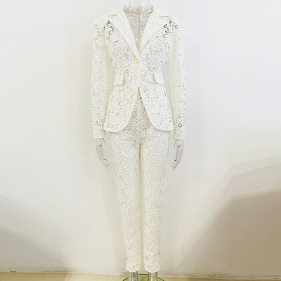 Sieviešu balts mežģīņu žakešu komplekts, 2023. gada jauns, ūdenī šķīstošs mežģīņu zīmuļu bikses, uzvalks, šaurs pieguļošs bikšu jaka, 2 daļīgs komplekts.