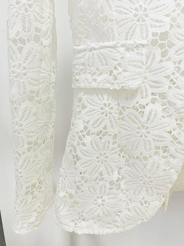 Sieviešu balts mežģīņu žakešu komplekts, 2023. gada jauns, ūdenī šķīstošs mežģīņu zīmuļu bikses, uzvalks, šaurs pieguļošs bikšu jaka, 2 daļīgs komplekts.