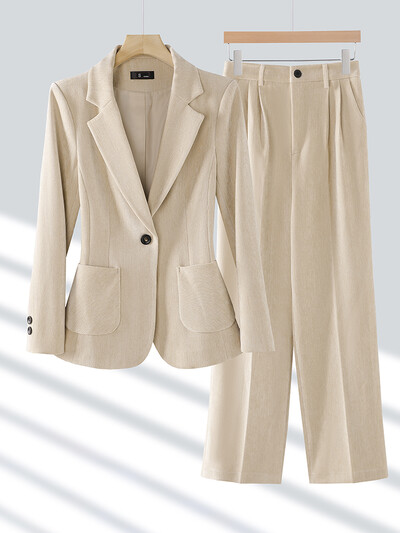 Téli sárgabarack fekete kávé irodai női nadrágkosztüm Női munkaruha kabát blézer és nadrág formális 2 részes készlet