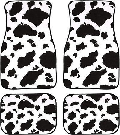 Dreaweet Cow Animal Print Auto grīdas paklāji, 4 daļīgi augstākās kvalitātes paklāji, neslīdoši, pasažiera sēdeklis un aizmugures grīdas paklāji