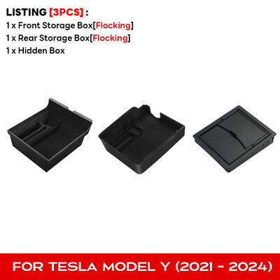 Pentru Tesla Model Y 2024 Cutie de depozitare ascunsă Consolă centrală a mașinii Cotiera față și spate Flocare cu grilă stratificată Container organizat