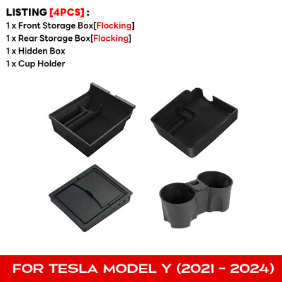 Pentru Tesla Model Y 2024 Cutie de depozitare ascunsă Consolă centrală a mașinii Cotiera față și spate Flocare cu grilă stratificată Container organizat