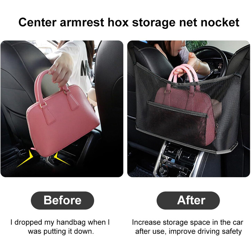 Autós hálós zsebkézitáska tartó Szervező hálós táska két ülés között vezető tároló hálós tasak kézitáska pénztárca korláthoz