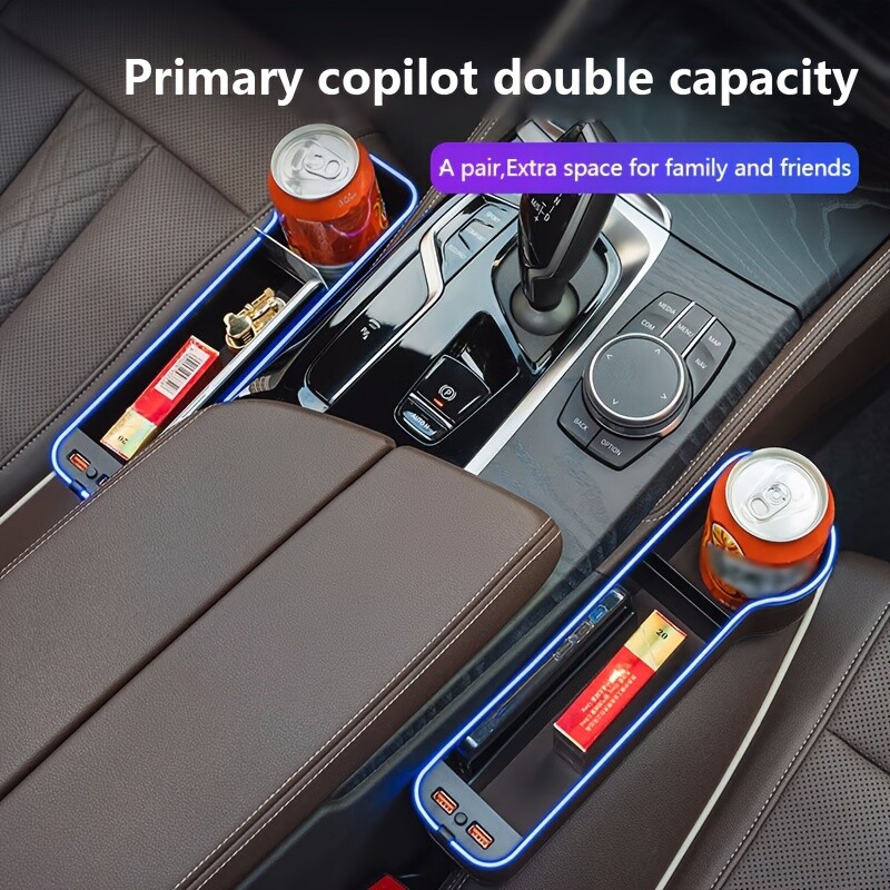 Πλήρωση κενού καθισμάτων αυτοκινήτου Βάση ποτηριού αλλαγή χρώματος Αλλαγή χρώματος LED Κουτί οργάνωσης αποθήκευσης ρωγμών αυτοκινήτου με φορτιστή 2USB Αξεσουάρ αυτοκινήτου