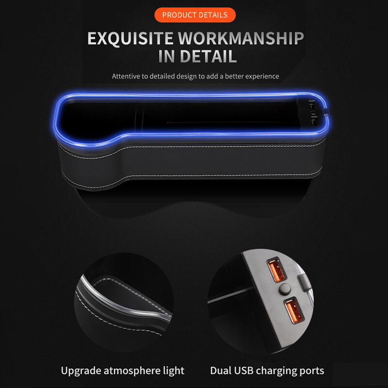 Suport pentru pahare pentru umplerea golului scaunului auto, cu LED-uri care se schimbă în 7 culori, cutie organizatoare de depozitare a spatelui auto cu încărcător 2Usb, accesorii auto
