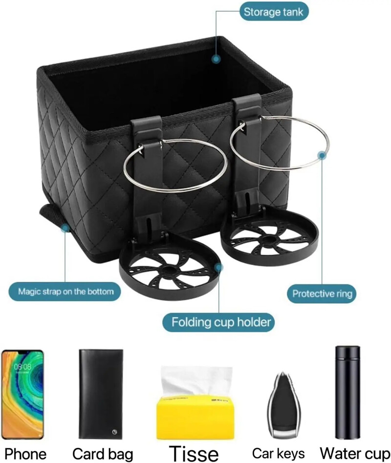 Organizator de depozitare cotiera pentru mașină cu 2 suporturi pliabile pentru pahare de apă pentru scaunul auto Cutie de depozitare pentru sticle pahar de țesut portofel pentru chei Accesorii pentru mașină