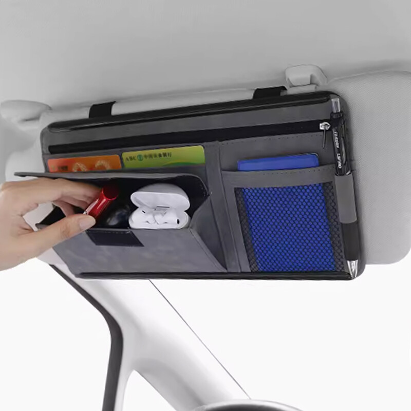 Geanta de depozitare parasolar de gamă înaltă din piele de autoturisme, husă pentru ochelari de soare, suport pentru carduri, geantă de depozitare dublă, geantă cu fermoar automat