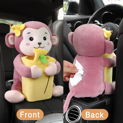 Cutie de șervețele de desene animate cu animale creative montată pe mașină Cutie pentru cotieră Coș de gunoi 2 în 1 Sac de șervețele Geantă de depozitare multifuncțională pentru mașină