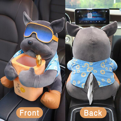 Cutie de șervețele de desene animate cu animale creative montată pe mașină Cutie pentru cotieră Coș de gunoi 2 în 1 Sac de șervețele Geantă de depozitare multifuncțională pentru mașină