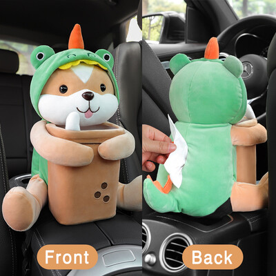 Cutie de șervețele de desene animate cu animale creative montată pe mașină Cutie pentru cotieră Coș de gunoi 2 în 1 Sac de șervețele Geantă de depozitare multifuncțională pentru mașină