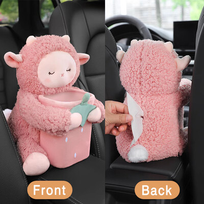 Cutie de șervețele de desene animate cu animale creative montată pe mașină Cutie pentru cotieră Coș de gunoi 2 în 1 Sac de șervețele Geantă de depozitare multifuncțională pentru mașină