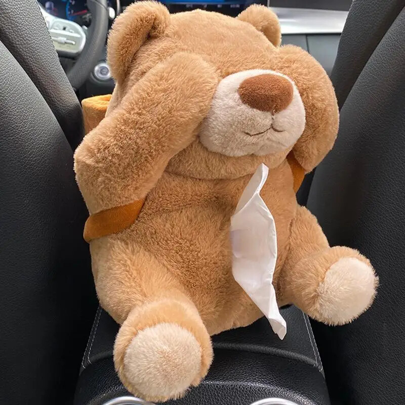 Cutie de șervețele pentru mașină Coș de gunoi 2-în-1 drăguț de pluș care acoperă ochi urs Decor pentru interiorul mașinii Scaun Mijloc Suport pentru șervețele pentru mașină Coș de gunoi