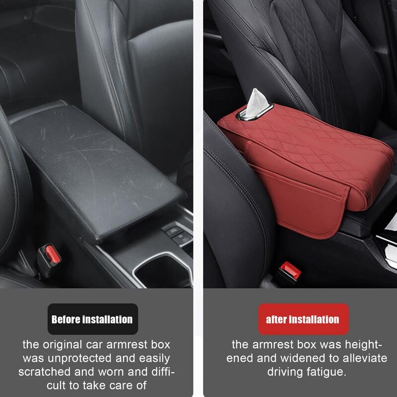 Automobilio porankio pagalvėlė su audinių dėžute ir 2 saugojimo maišeliais, auto centrinės konsolės porankių aukščio pagalvėlės, atminties putplasčio amrest pagalvės užvalkalas