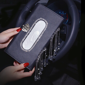 Creative Crystal Tassels Car Tissue Holder Чанта Слънчева козирка Висяща диамантена корона Кожена автоматична хартиена кутия за автомобилни аксесоари