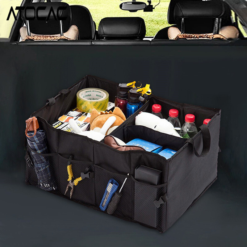 Organizator de portbagaj de mașină Cutie mare de depozitare împărțită cu buzunare multiple Mâner din plasă, pliabilă, impermeabilă, pentru garaje pentru vehicule.