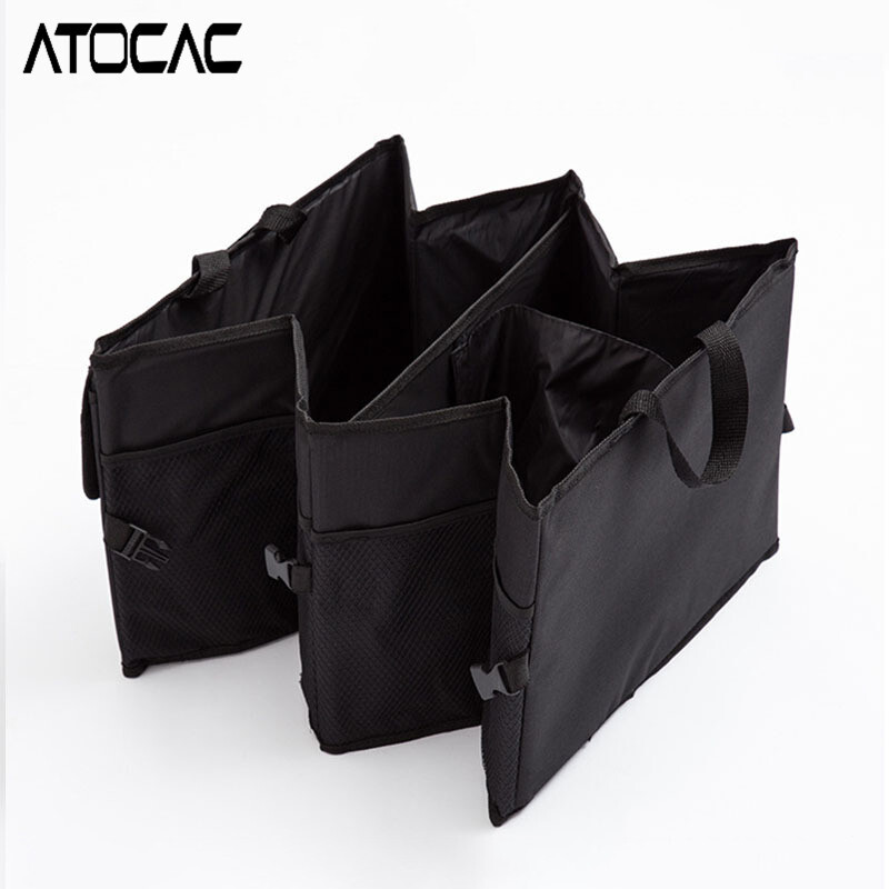 Organizator de portbagaj de mașină Cutie mare de depozitare împărțită cu buzunare multiple Mâner din plasă, pliabilă, impermeabilă, pentru garaje pentru vehicule.