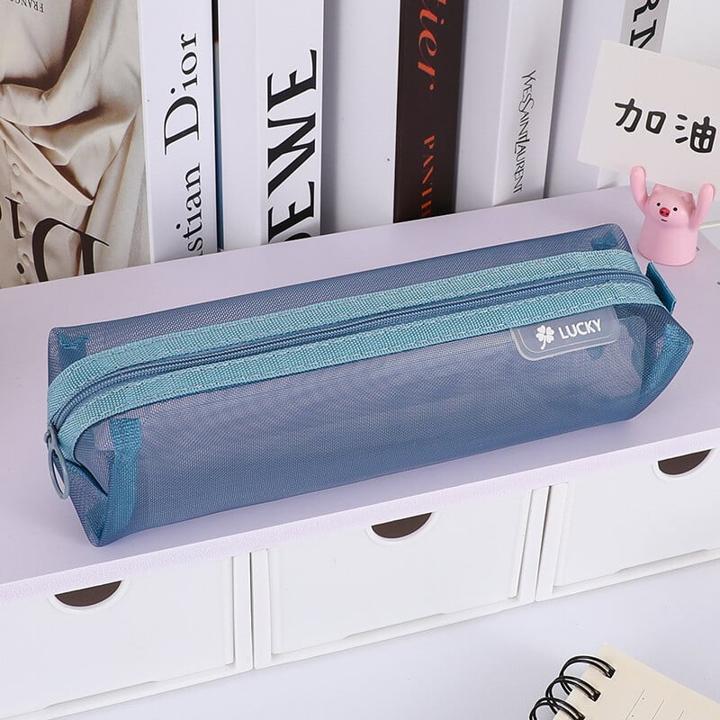 Trīsdimensiju caurspīdīga sieta zīmuļu soma studentu eksāmenam, pārnēsājama vienkārša liela ietilpības zīmuļu maisiņu kancelejas preču kolekcija vairumtirdzniecības somas