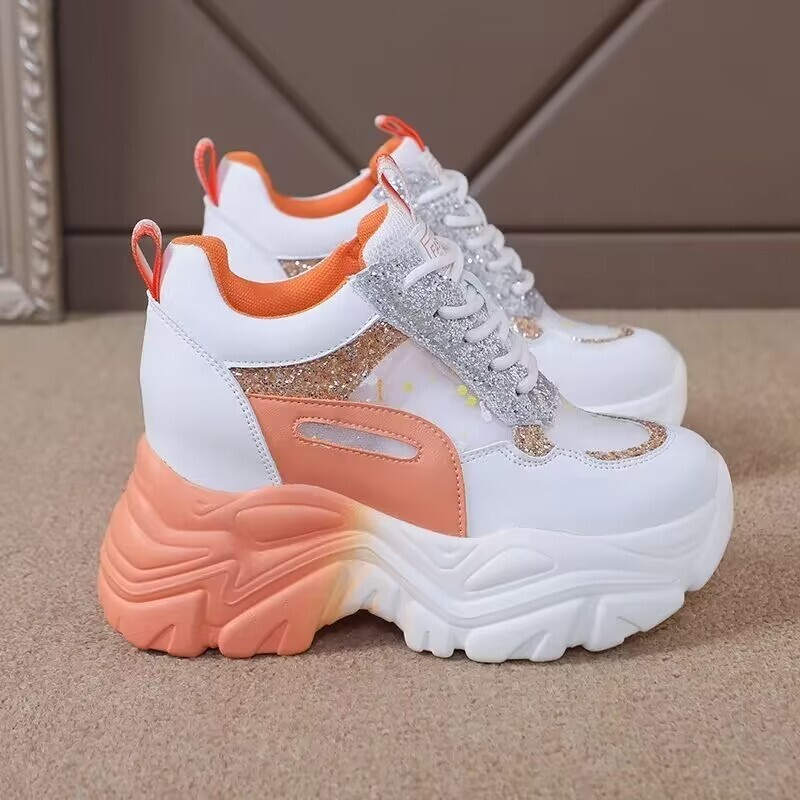 Flitteres platformú vulkanizált cipők női tornacipőknek 2024 Hálós, fűzős női sétacipők Belső magasságot növelő női cipők