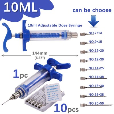 10/20/30/50 ml veterinārā instrumenta vakcīnas šļirce ar 10 adatām lauksaimniecības lopu cūku liellopu aitu vistas adatas galviņa injekcijas rīks