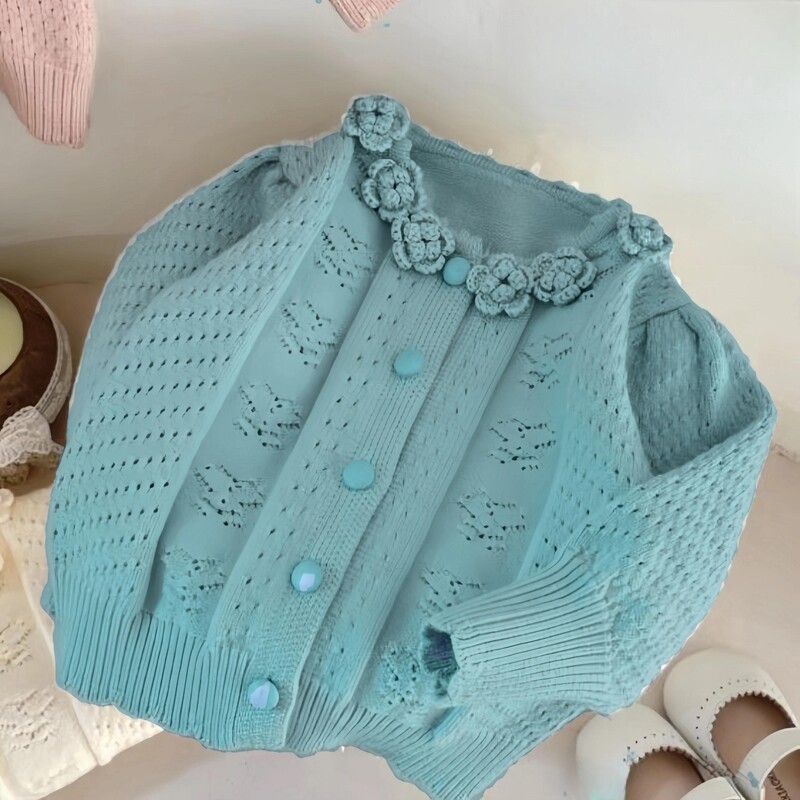 Djemper s šik izrezom za djevojčice, proljetno pleteno s cvjetnim ovratnikom, kardigan dugih rukava za jesen i zimu, novo, 2024.