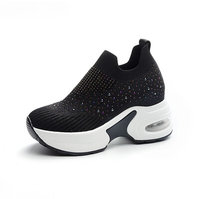 Air Mesh Platforma Tenisice Wedge Crystal Cipele Bijelo crne Povećana visina Visoka peta za žene Slip on cipele Vulkanizirano Novo