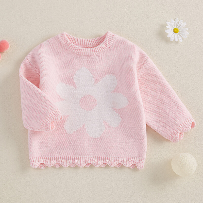 FOCUSNORM 0-4Y Lovely Kids Lányok Pulóverek Virágok Hímzés Hosszú ujjú Nyakú pulóver Meleg téli kötöttáru Ruhák