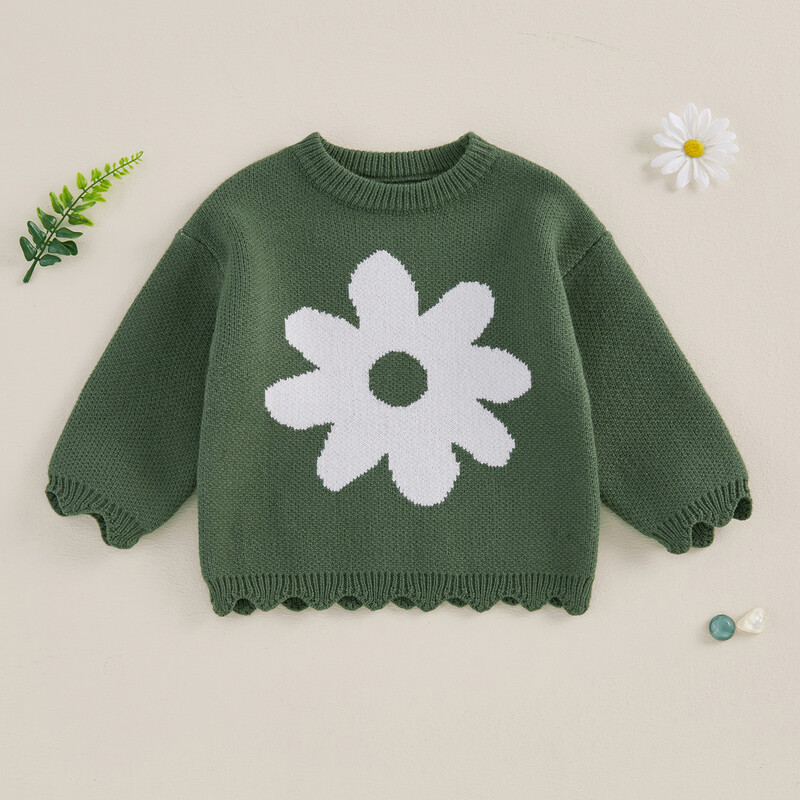 FOCUSNORM 0-4Y Lovely Kids Lányok Pulóverek Virágok Hímzés Hosszú ujjú Nyakú pulóver Meleg téli kötöttáru Ruhák