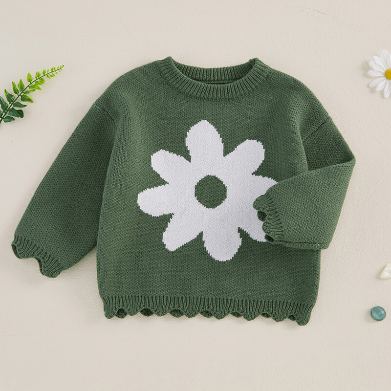 FOCUSNORM 0-4Y Lovely Kids Lányok Pulóverek Virágok Hímzés Hosszú ujjú Nyakú pulóver Meleg téli kötöttáru Ruhák