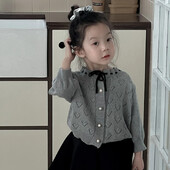 Džemper Djevojčica Korejski slatki jasen Izdubljeno pletenje Puf rukavi za bebe Jednostavna moda 2024. Široka dječja odjeća na pruge