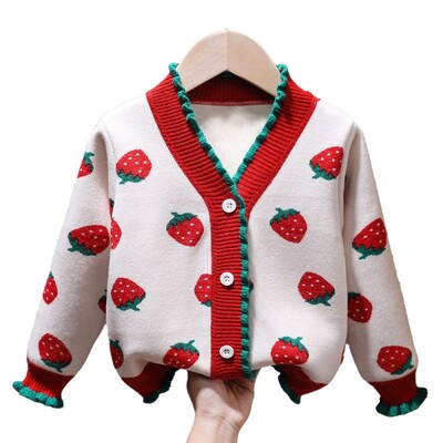 Pulover tricotat de primăvară, toamnă, cardigan pentru copii, îmbrăcăminte pentru copii, pulovere pentru fete, imprimeu cu căpșuni, îmbrăcăminte pentru copii, haine pentru fete pentru 1-5 ani