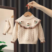 Stilīgs trikotāžas džemperis meitenēm 2023. gada rudens/ziemas jaunums, bērnu tops, mājīgs apkakles apkakle, silta ziemas mode