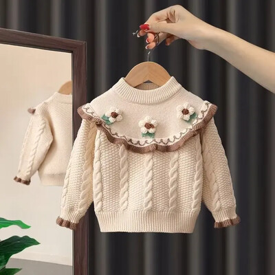 Stilīgs trikotāžas džemperis meitenēm 2023. gada rudens/ziemas jaunums, bērnu tops, mājīgs apkakles apkakle, silta ziemas mode