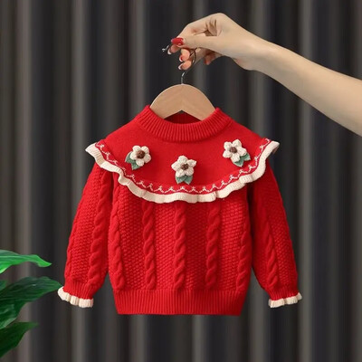 Stilīgs trikotāžas džemperis meitenēm 2023. gada rudens/ziemas jaunums, bērnu tops, mājīgs apkakles apkakle, silta ziemas mode