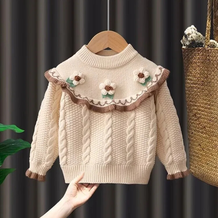 Stilīgs trikotāžas džemperis meitenēm 2023. gada rudens/ziemas jaunums, bērnu tops, mājīgs apkakles apkakle, silta ziemas mode
