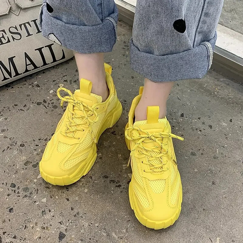 2023 Nove proljetne jesenske tenisice s platformom Ženske ležerne cipele s debelim dnom na vezanje Ženske neklizajuće žute tenisice Mujer