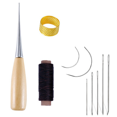 Δερμάτινο σετ ραπτικής με κερωμένη κλωστή Δερμάτινη βελόνα ραψίματος Awl Thimble Δερμάτινο Εργαλείο εργασίας για Επισκευή ζώνης πάνινης τσάντας παπουτσιών