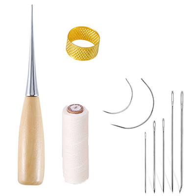 Δερμάτινο σετ ραπτικής με κερωμένη κλωστή Δερμάτινη βελόνα ραψίματος Awl Thimble Δερμάτινο Εργαλείο εργασίας για Επισκευή ζώνης πάνινης τσάντας παπουτσιών