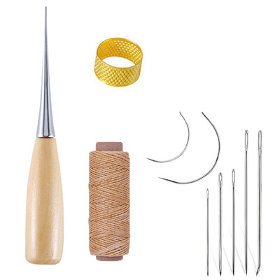 Δερμάτινο σετ ραπτικής με κερωμένη κλωστή Δερμάτινη βελόνα ραψίματος Awl Thimble Δερμάτινο Εργαλείο εργασίας για Επισκευή ζώνης πάνινης τσάντας παπουτσιών