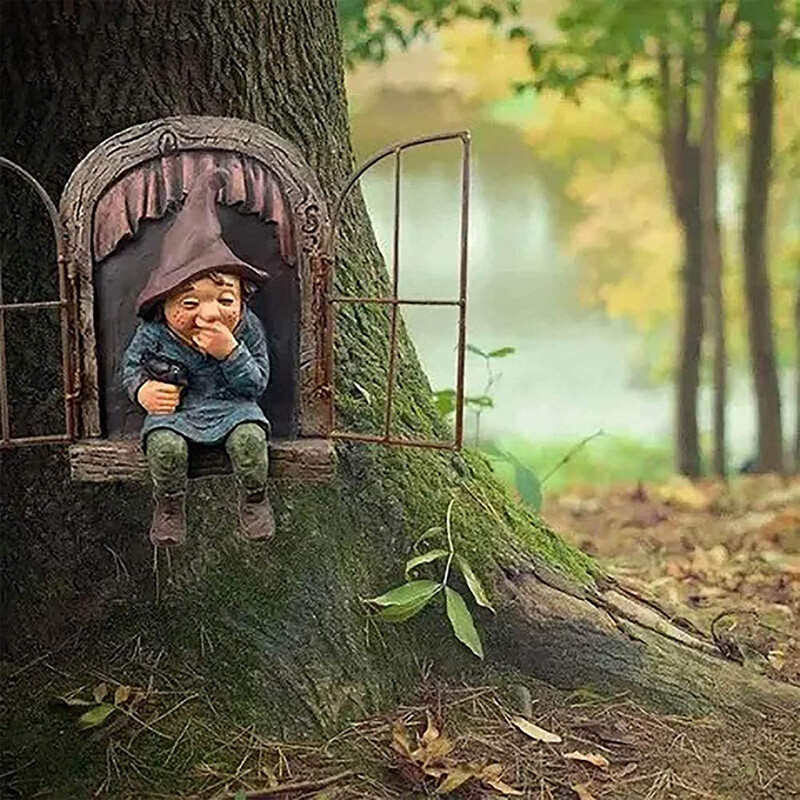 Dārza pagalma māksla dīvaina koku skulptūra dārza dekorēšana rūķu rūķu sveķu statujas pagalma koku radošais rekvizīts Amatniecība