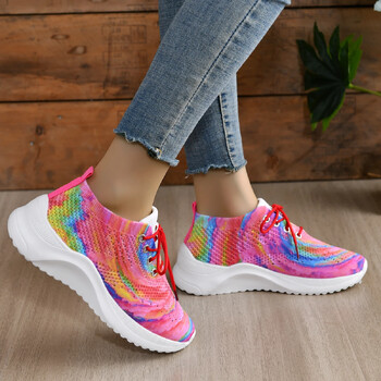 Fashion Rainbow Mesh Sneakers για γυναίκες Καλοκαιρινό αντιολισθητικό πλέξιμο Παπούτσια τένις Woman Lace Up Casual Walking Trainers