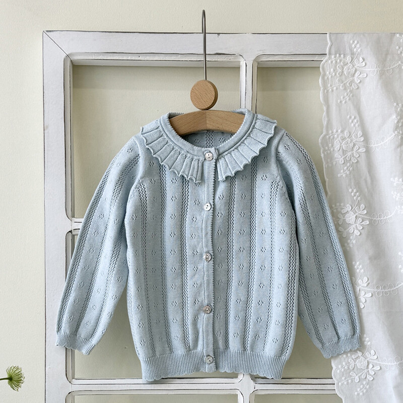 Pavasara rudens bērniem trikotāžas jaciņa džemperis meiteņu zīdainim volānveida apkakle ar garām piedurknēm topi mētelis bērniem kokvilnas modes meiteņu jaka