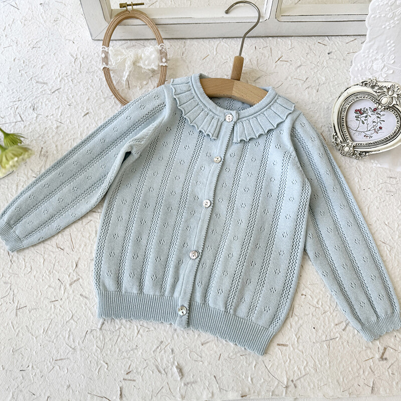 Pavasara rudens bērniem trikotāžas jaciņa džemperis meiteņu zīdainim volānveida apkakle ar garām piedurknēm topi mētelis bērniem kokvilnas modes meiteņu jaka