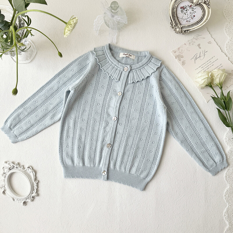 Pavasara rudens bērniem trikotāžas jaciņa džemperis meiteņu zīdainim volānveida apkakle ar garām piedurknēm topi mētelis bērniem kokvilnas modes meiteņu jaka