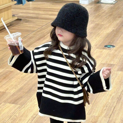 Îmbrăcăminte copii pulover fete iarnă 2023 nou pulover îngroșat în dungi ediție largă pulover pulover cu gât rotund pentru copii