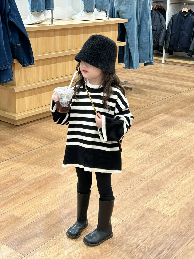 Îmbrăcăminte copii pulover fete iarnă 2023 nou pulover îngroșat în dungi ediție largă pulover pulover cu gât rotund pentru copii